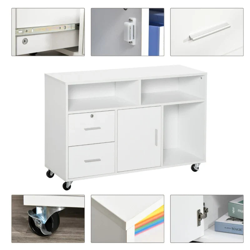 Móvel Auxiliar de Escritório Móvel Arquivador com Rodas Prateleiras Gaveta e Armário Multiuso com Grande Armazenamento 100x35x65cm Branco