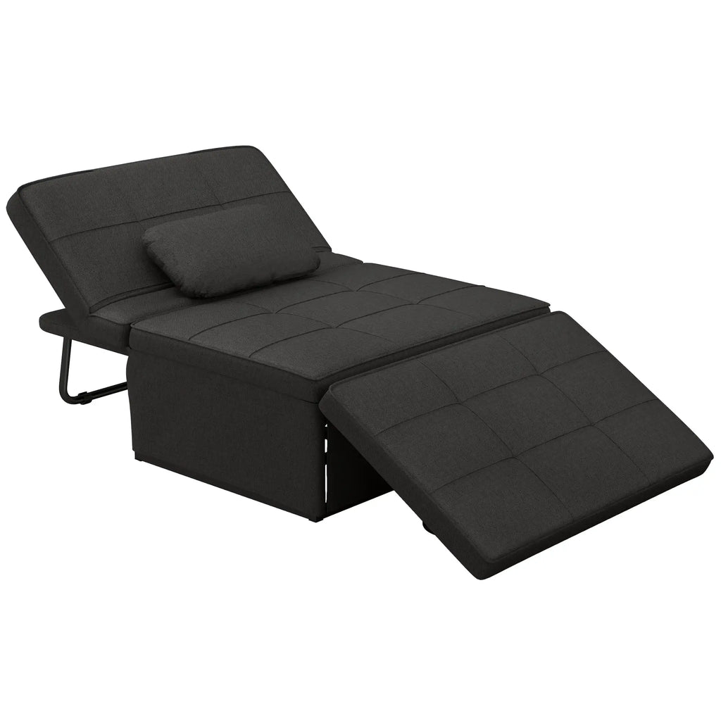 Sofá Cama Individual 3 em 1 Estofado em Linho Sofá Reclinável em 5 Posições com Apoio para os Pés e Apoio para a Cabeça para Sala de Estar Carga Máxima 200kg 95x189x43 cm Preto