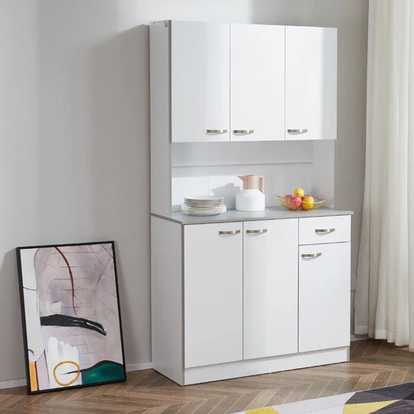 Armário de Cozinha Aparador de Sala de Jantar com 1 Gaveta 6 Portas e Prateleiras Ajustáveis Estilo Moderno 101x39x180 cm Branco