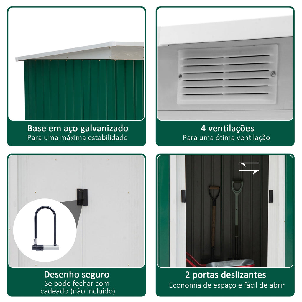 Abrigo de Jardim 280x130x172cm Abrigo de Exterior de Aço Galvanizado com Porta Corredeira e Ventilações para Armazenamento de Ferramentas Verde