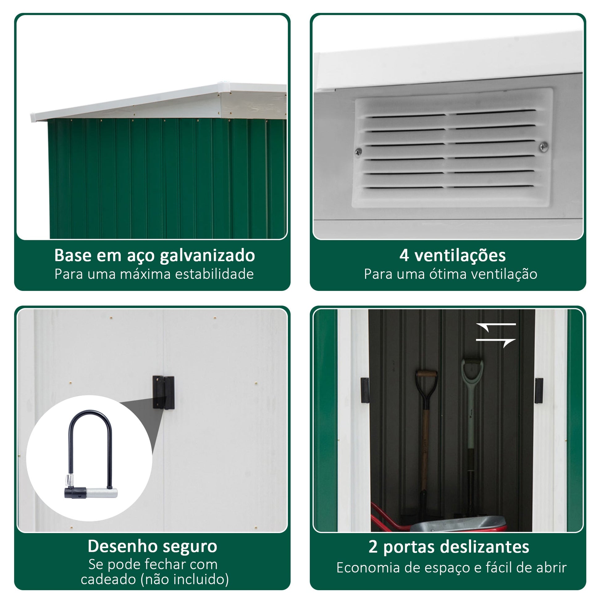 Abrigo de Jardim 280x130x172cm Abrigo de Exterior de Aço Galvanizado com Porta Corredeira e Ventilações para Armazenamento de Ferramentas Verde