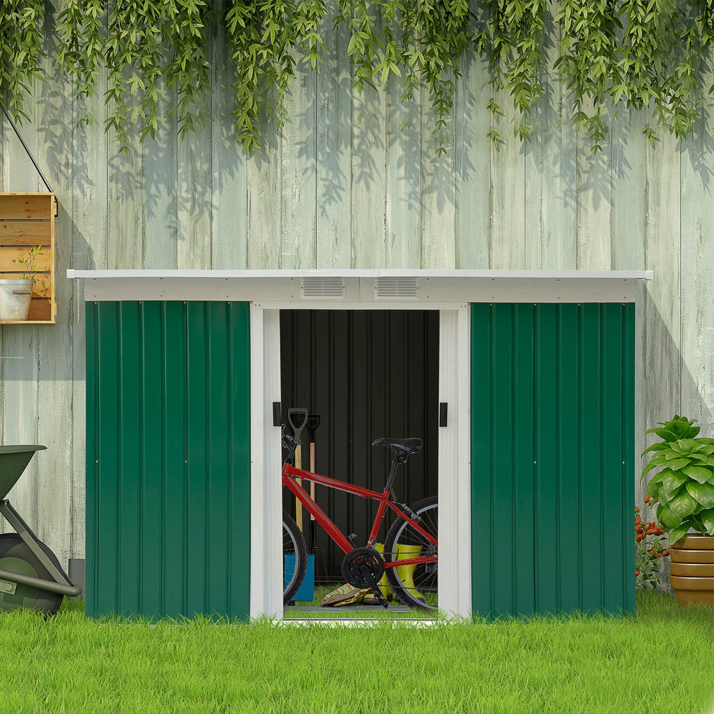 Abrigo de Jardim 280x130x172cm Abrigo de Exterior de Aço Galvanizado com Porta Corredeira e Ventilações para Armazenamento de Ferramentas Verde