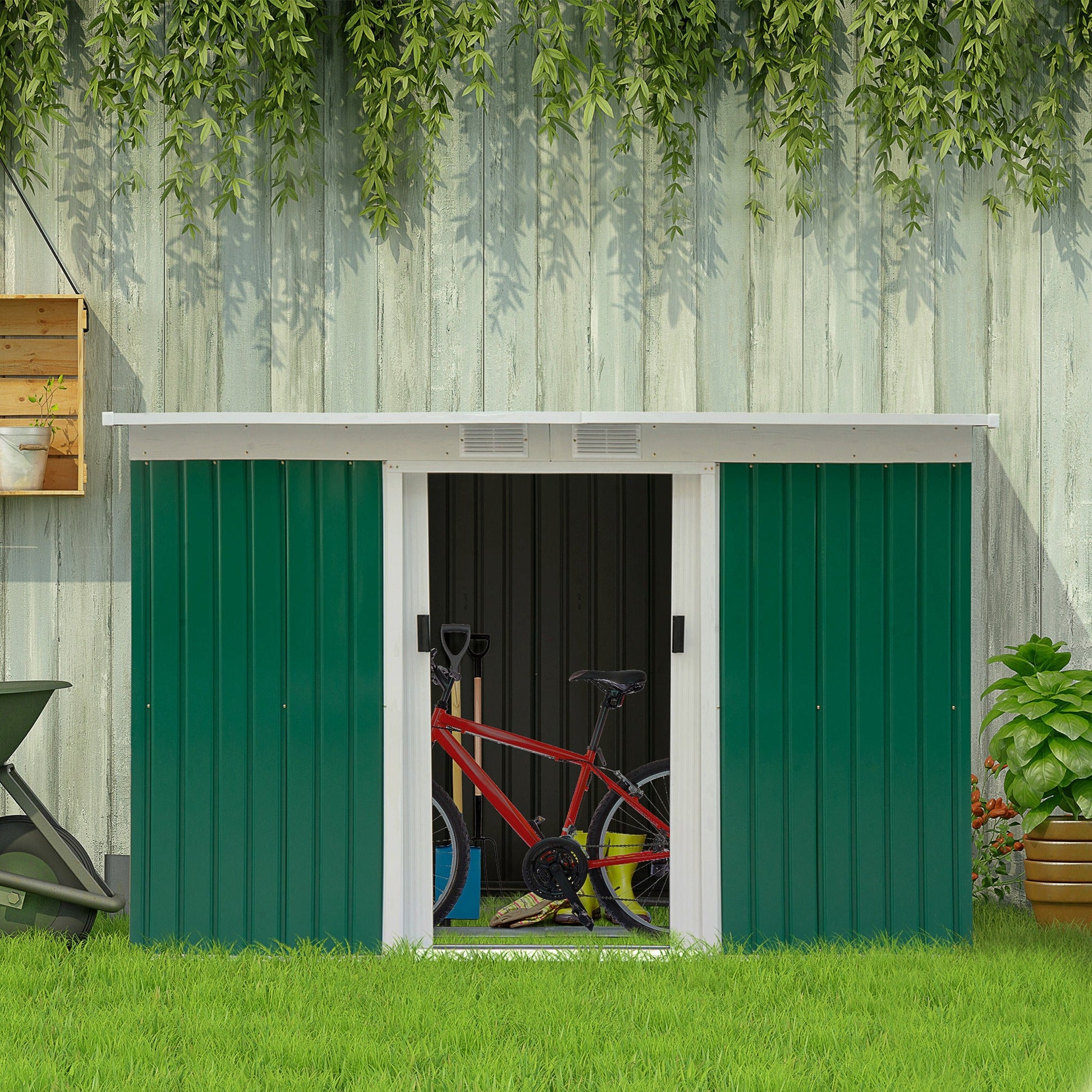 Abrigo de Jardim 280x130x172cm Abrigo de Exterior de Aço Galvanizado com Porta Corredeira e Ventilações para Armazenamento de Ferramentas Verde