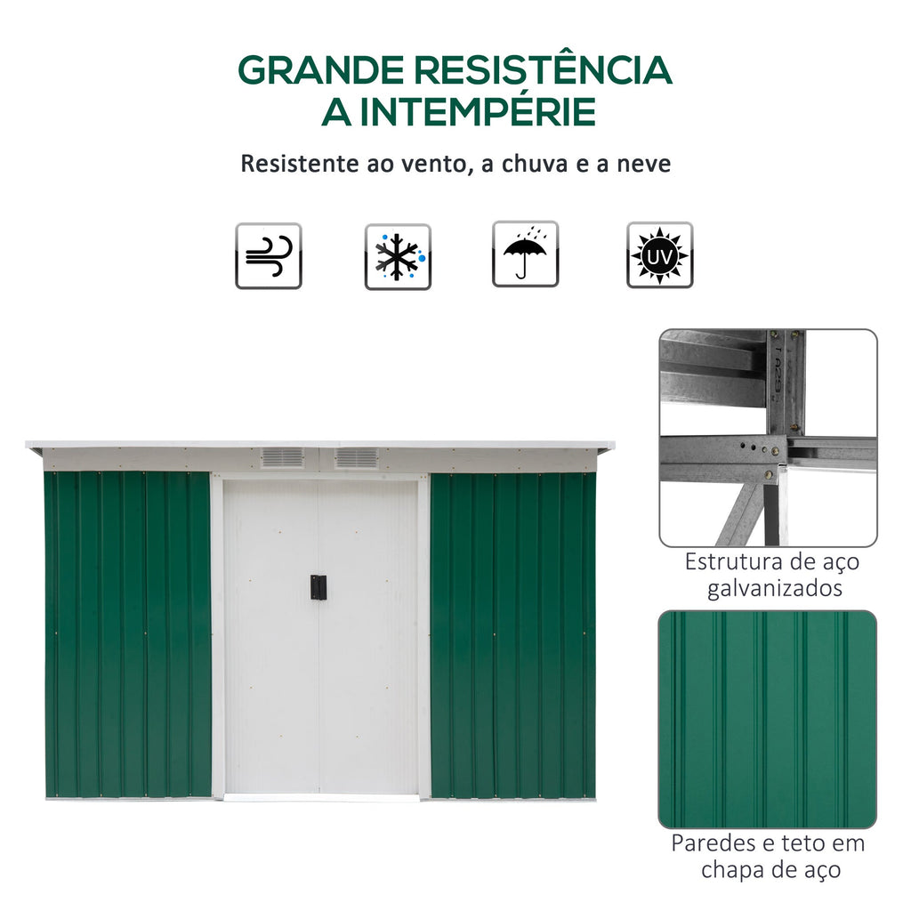 Abrigo de Jardim 280x130x172cm Abrigo de Exterior de Aço Galvanizado com Porta Corredeira e Ventilações para Armazenamento de Ferramentas Verde