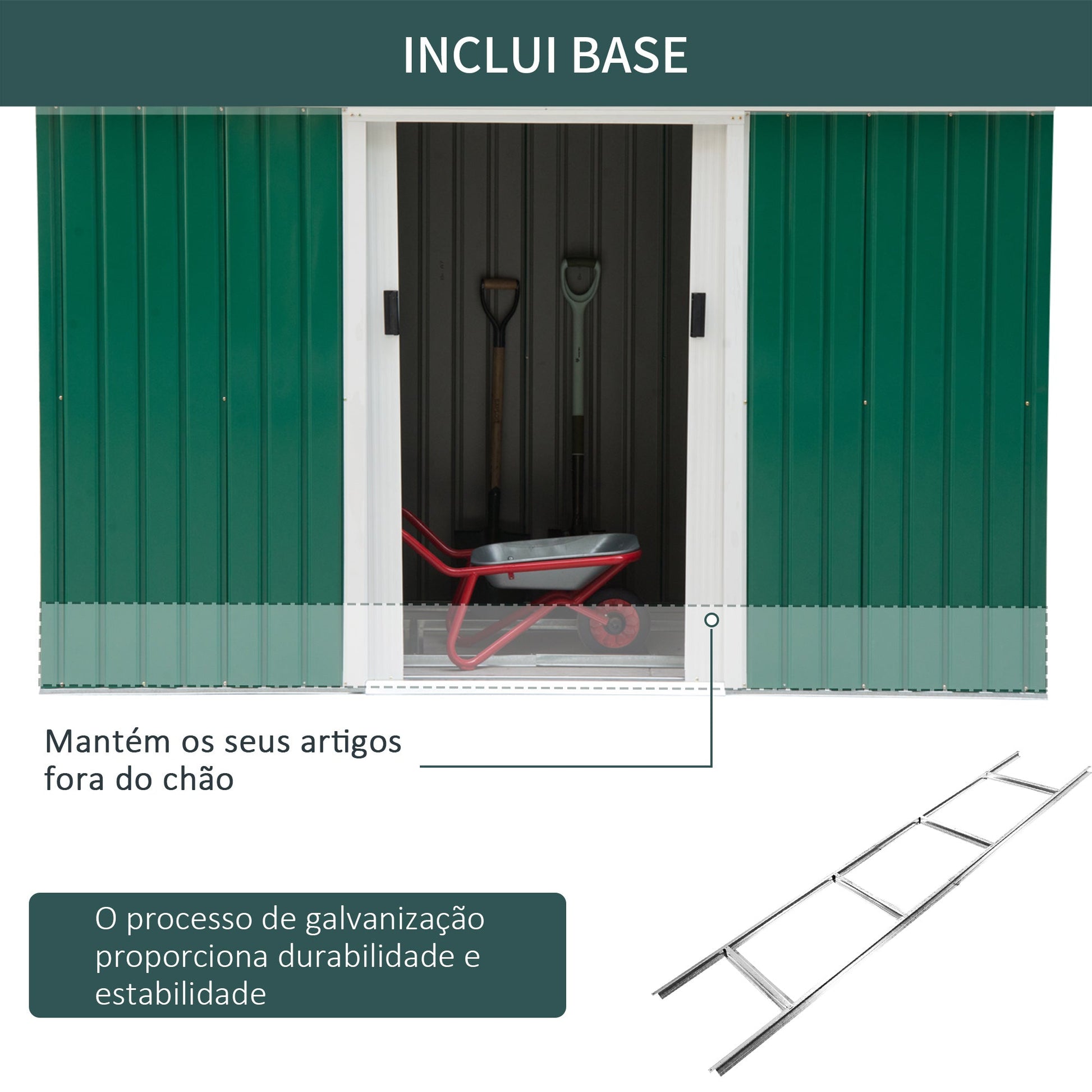Abrigo de Jardim 280x130x172cm Abrigo de Exterior de Aço Galvanizado com Porta Corredeira e Ventilações para Armazenamento de Ferramentas Verde