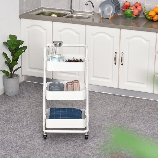 Carrinho Auxiliar de 3 Níveis com Rodas e 3 Prateleiras de Malha Metálica Carga de 20kg Branco 44x36x83cm