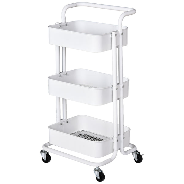 Carrinho Auxiliar de 3 Níveis com Rodas e 3 Prateleiras de Malha Metálica Carga de 20kg Branco 44x36x83cm