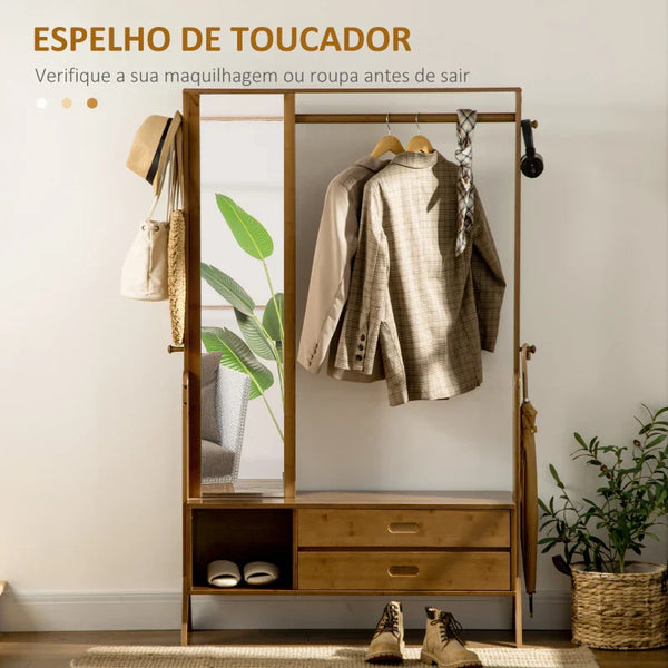 Móvel Cabide de Entrada com Banco Móvel de Entrada Estilo Industrial com Espelho 2 Gavetas 4 Ganchos Barra e Compartimento de Armazenamento para Dormitório Corredor 113x33x169,5cm Marrom