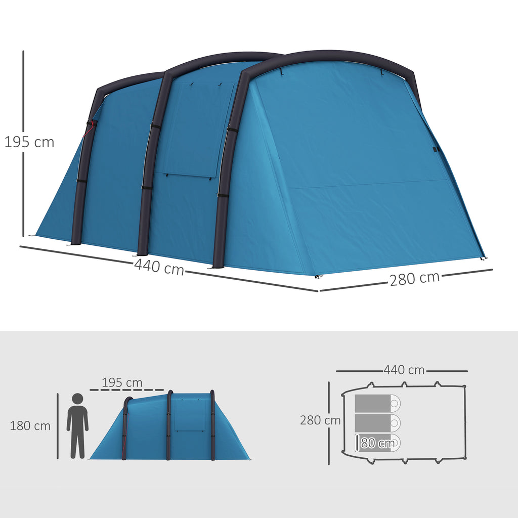 Tenda de Campismo Inflável Familiar Tipo Túnel para 3-4 Pessoas Tenda de Campismo Glamping com Vestíbulo Janelas de Malha e Bolsa de Transporte Proteção UV 50+ Impermeável para Exterior