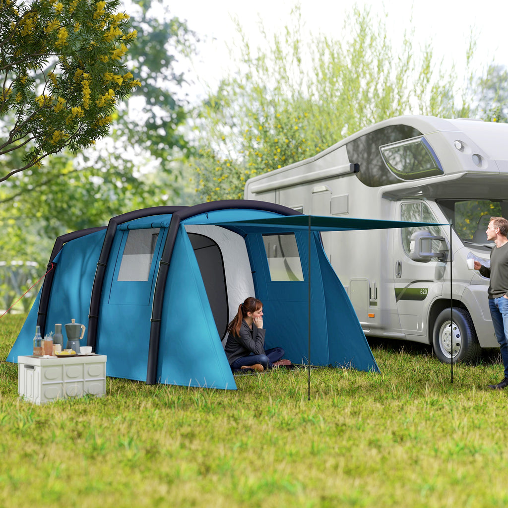Tenda de Campismo Inflável Familiar Tipo Túnel para 3-4 Pessoas Tenda de Campismo Glamping com Vestíbulo Janelas de Malha e Bolsa de Transporte Proteção UV 50+ Impermeável para Exterior