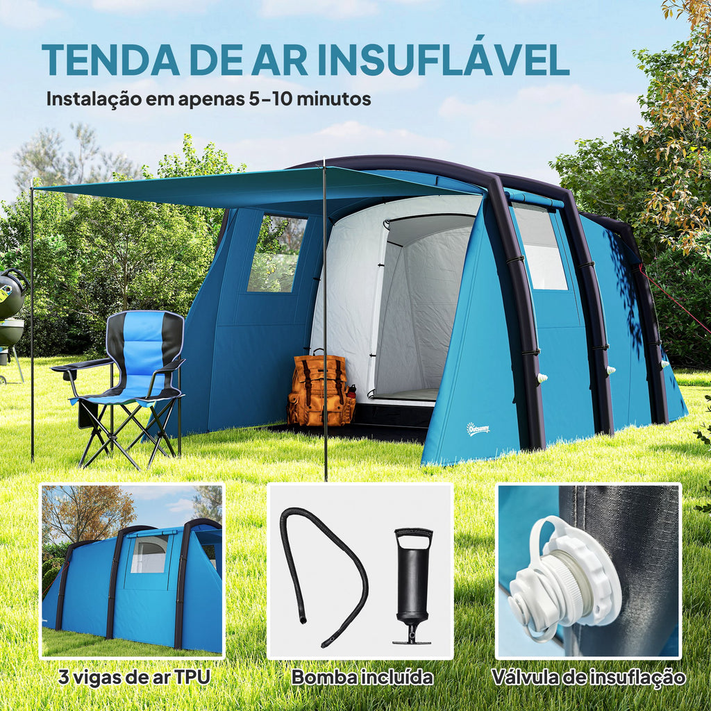 Tenda de Campismo Inflável Familiar Tipo Túnel para 3-4 Pessoas Tenda de Campismo Glamping com Vestíbulo Janelas de Malha e Bolsa de Transporte Proteção UV 50+ Impermeável para Exterior