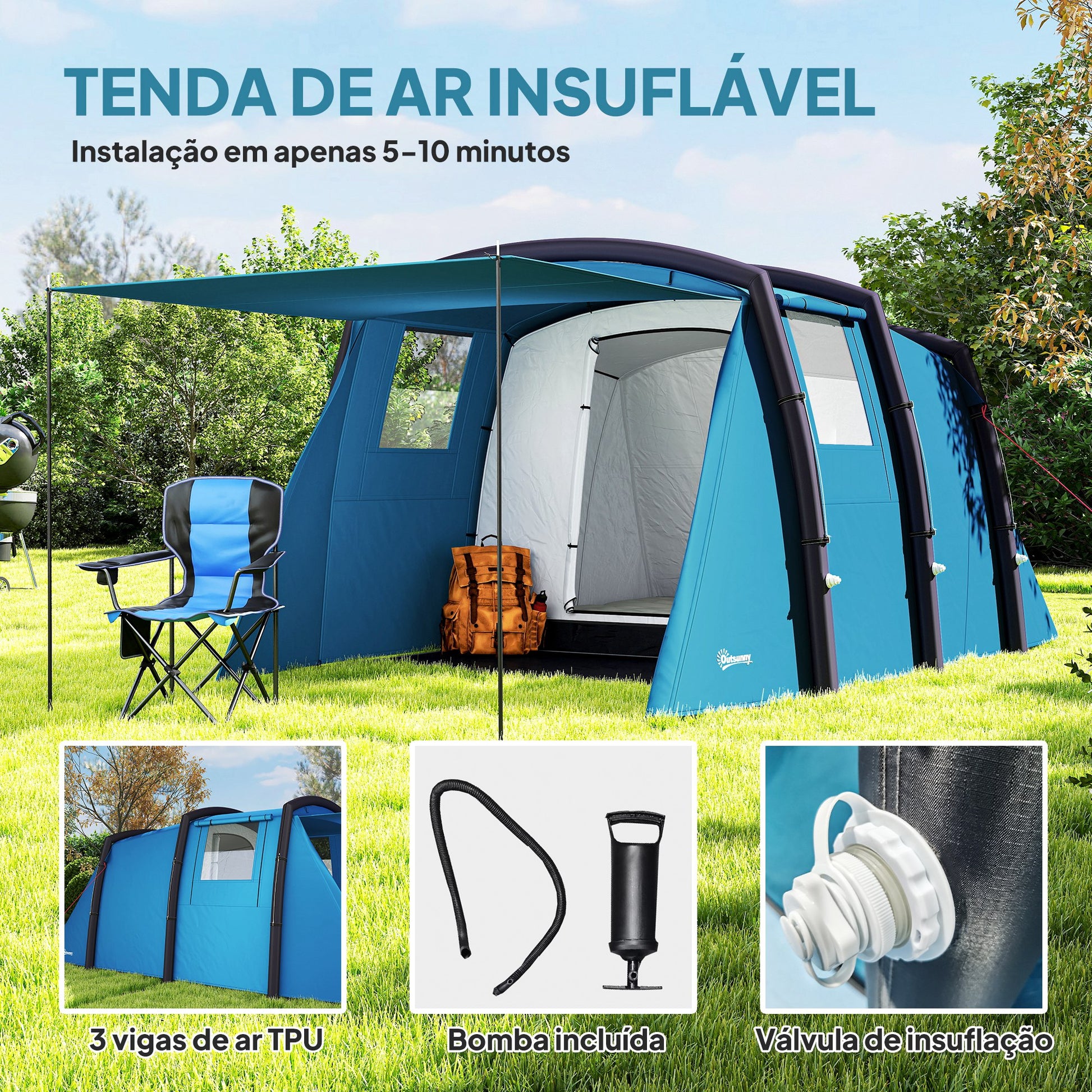 Tenda de Campismo Inflável Familiar Tipo Túnel para 3-4 Pessoas Tenda de Campismo Glamping com Vestíbulo Janelas de Malha e Bolsa de Transporte Proteção UV 50+ Impermeável para Exterior
