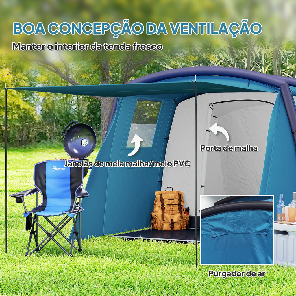 Tenda de Campismo Inflável Familiar Tipo Túnel para 3-4 Pessoas Tenda de Campismo Glamping com Vestíbulo Janelas de Malha e Bolsa de Transporte Proteção UV 50+ Impermeável para Exterior
