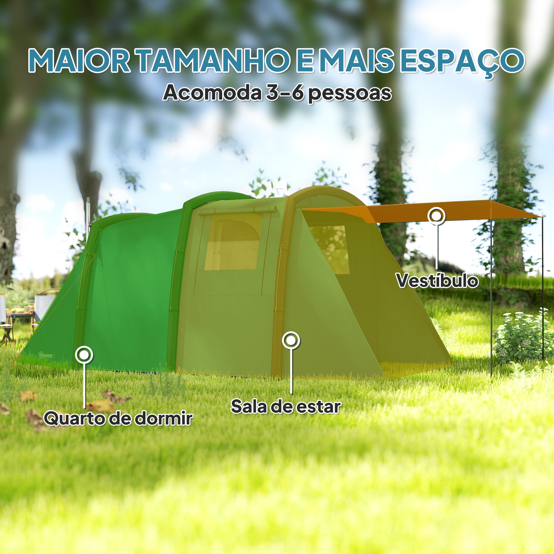 Tenda de Campismo Inflável Familiar Tipo Túnel para 3-4 Pessoas Tenda de Campismo Glamping com Vestíbulo Janelas de Malha e Bolsa de Transporte Proteção UV 50+ Impermeável para Exterior