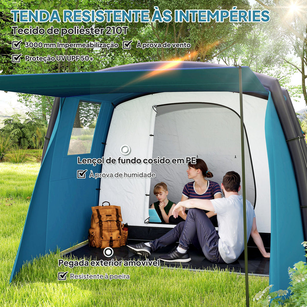 Tenda de Campismo Inflável Familiar Tipo Túnel para 3-4 Pessoas Tenda de Campismo Glamping com Vestíbulo Janelas de Malha e Bolsa de Transporte Proteção UV 50+ Impermeável para Exterior