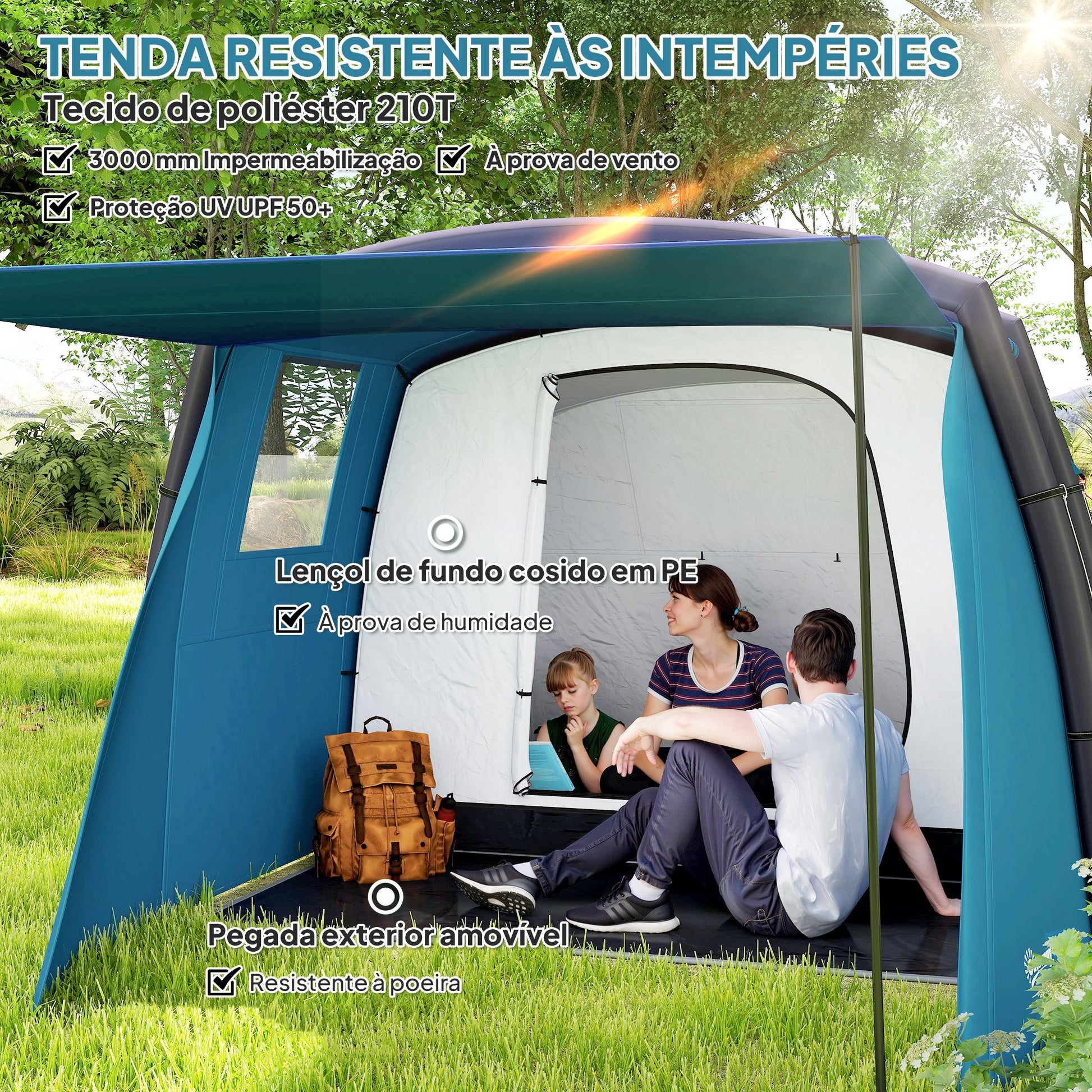 Tenda de Campismo Inflável Familiar Tipo Túnel para 3-4 Pessoas Tenda de Campismo Glamping com Vestíbulo Janelas de Malha e Bolsa de Transporte Proteção UV 50+ Impermeável para Exterior