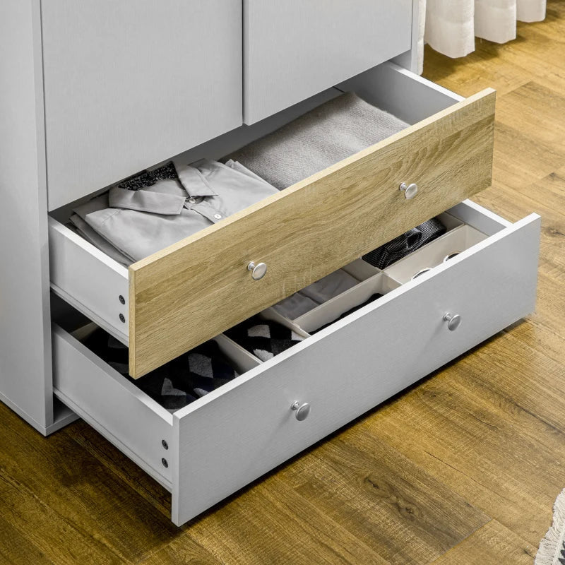 Roupeiro de Madeira Armário para Roupas com 2 Portas 2 Gavetas e 1 Barra para Pendurar Estilo Moderno para Dormitório 80x50x180 cm Branco e Carvalho