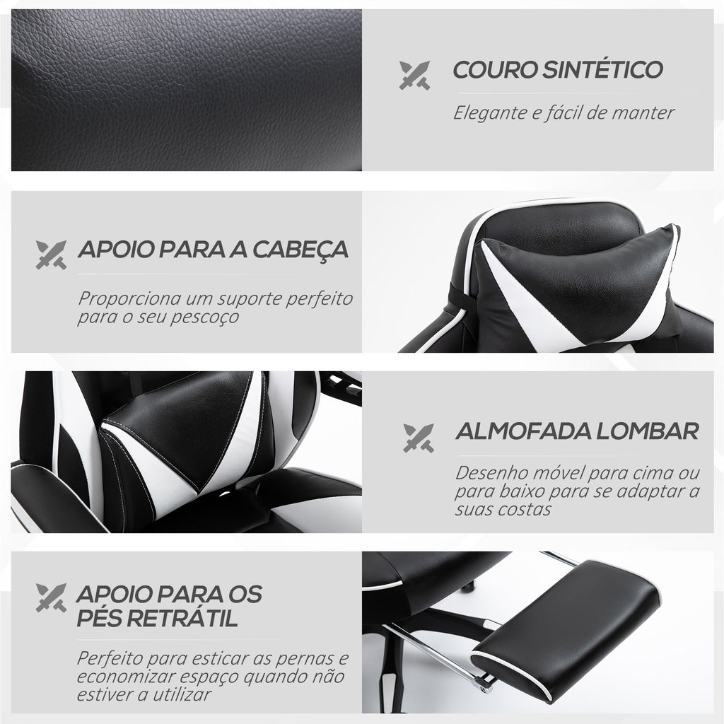 Cadeira de escritorio gaming ergonômica Altura ajustável Reclinável Encosto com apoio para pés Encosto de cabeça Almofada lombar Rodas 65x70x118,5-126,5 cm Branco e Preto