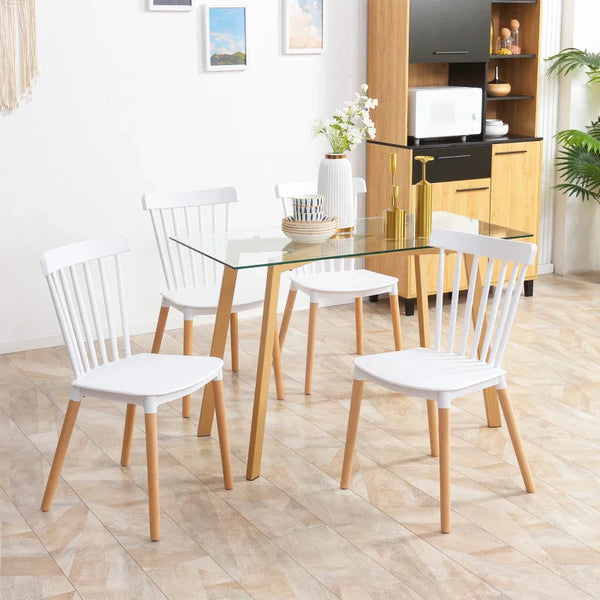 Conjunto de 4 Cadeiras Estilo Nórdico Cadeiras de Cozinha com Encosto Alto Assento de Polipropileno e Pés de Madeira de Faia Carga Máx. 120kg 48x52,5x83cm Branco e Madeira