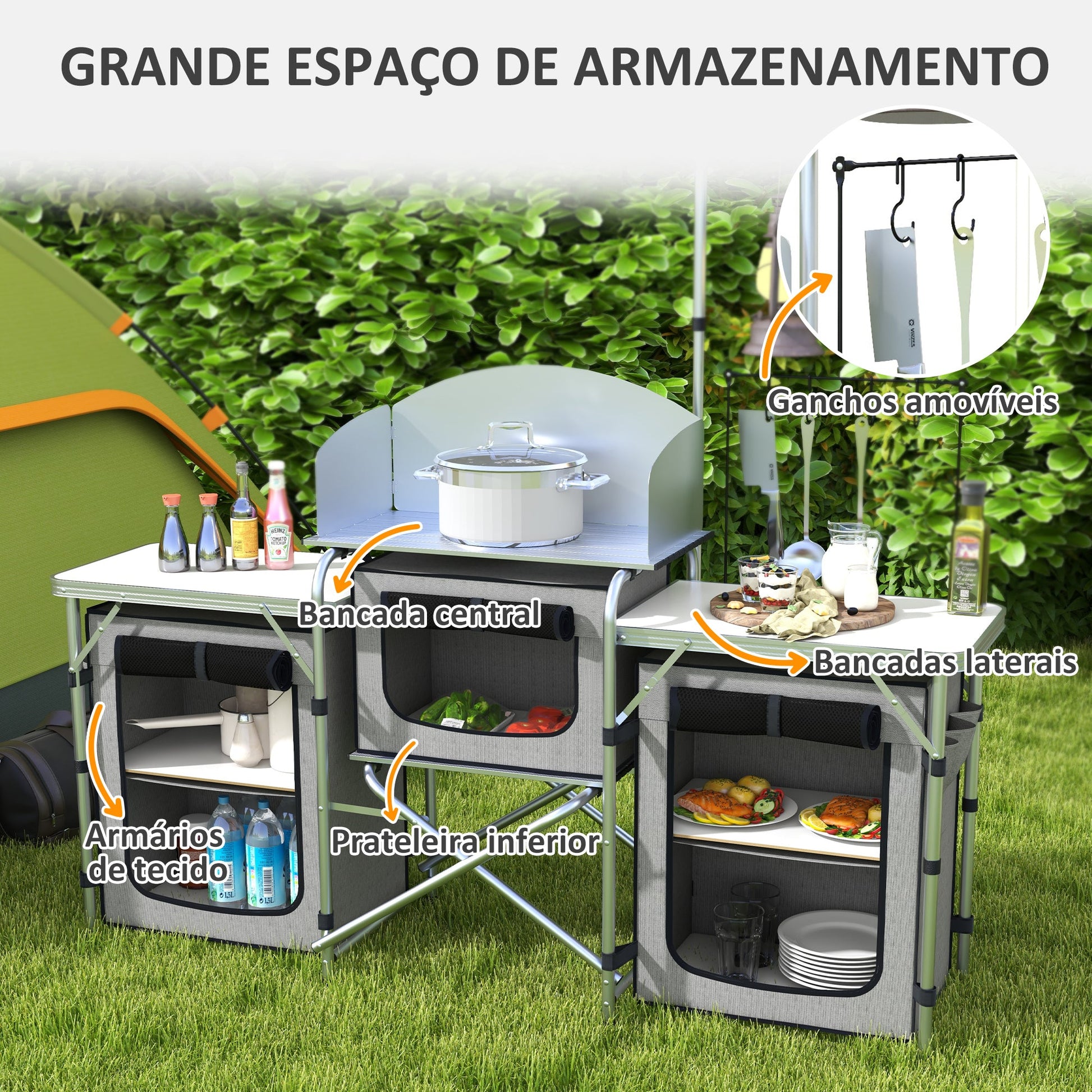 Móvel de Cozinha para Campismo Armário para Campismo Dobrável com 3 Tampos 3 Armários Suporte de Luz 4 Ganchos e Bolsa de Transporte para Campismo Piquenique 172x48x119 cm Cinza