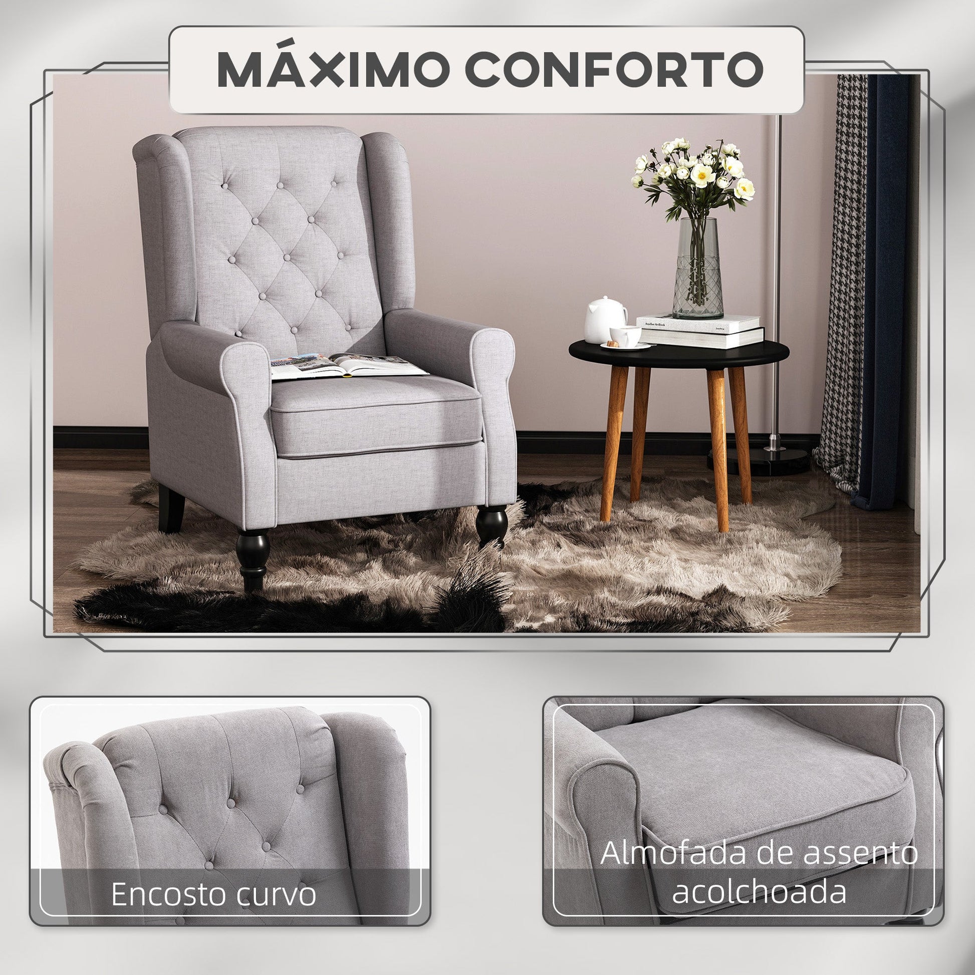 Poltrona de Sala de Estar Poltrona Moderna para Dormitório com Apoio para a Cabeça e Pés de Madeira Poltrona Individual Carga 160 kg para Esritório 74x86x102 cm Cinza