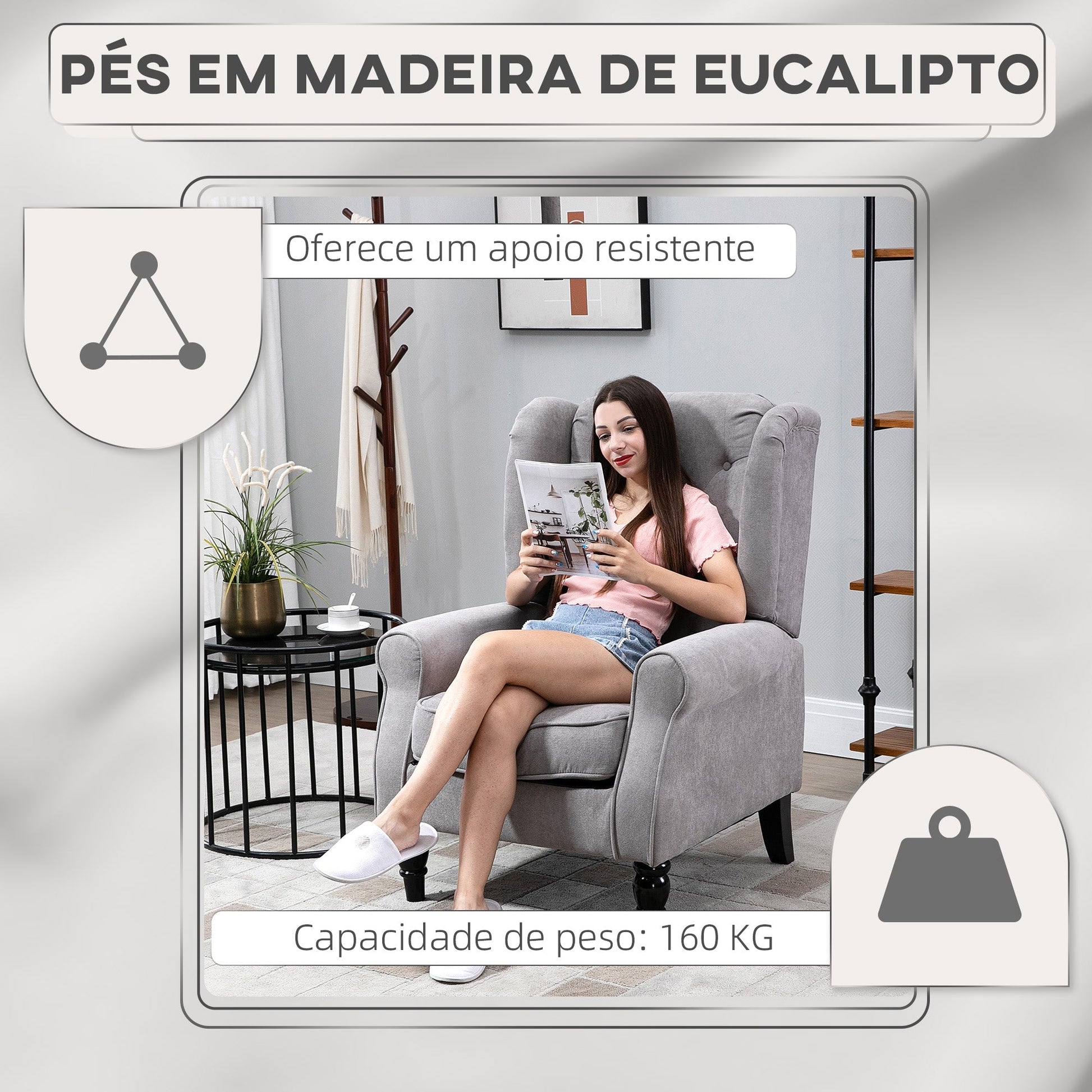 Poltrona de Sala de Estar Poltrona Moderna para Dormitório com Apoio para a Cabeça e Pés de Madeira Poltrona Individual Carga 160 kg para Esritório 74x86x102 cm Cinza