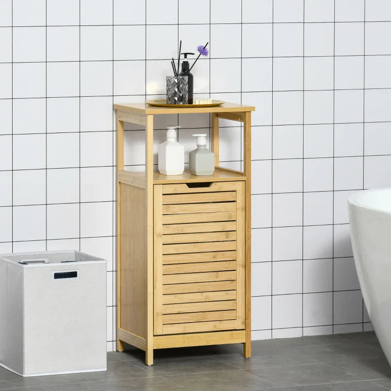 kleanklin Cesto para Roupa de Bambú Armário para Casa de Banho com 2 Prateleiras 1 Cesta de Tecido Removível Móvel de Armazenamento para Sala de Estar Cozinha 40x30x86,5 Natural