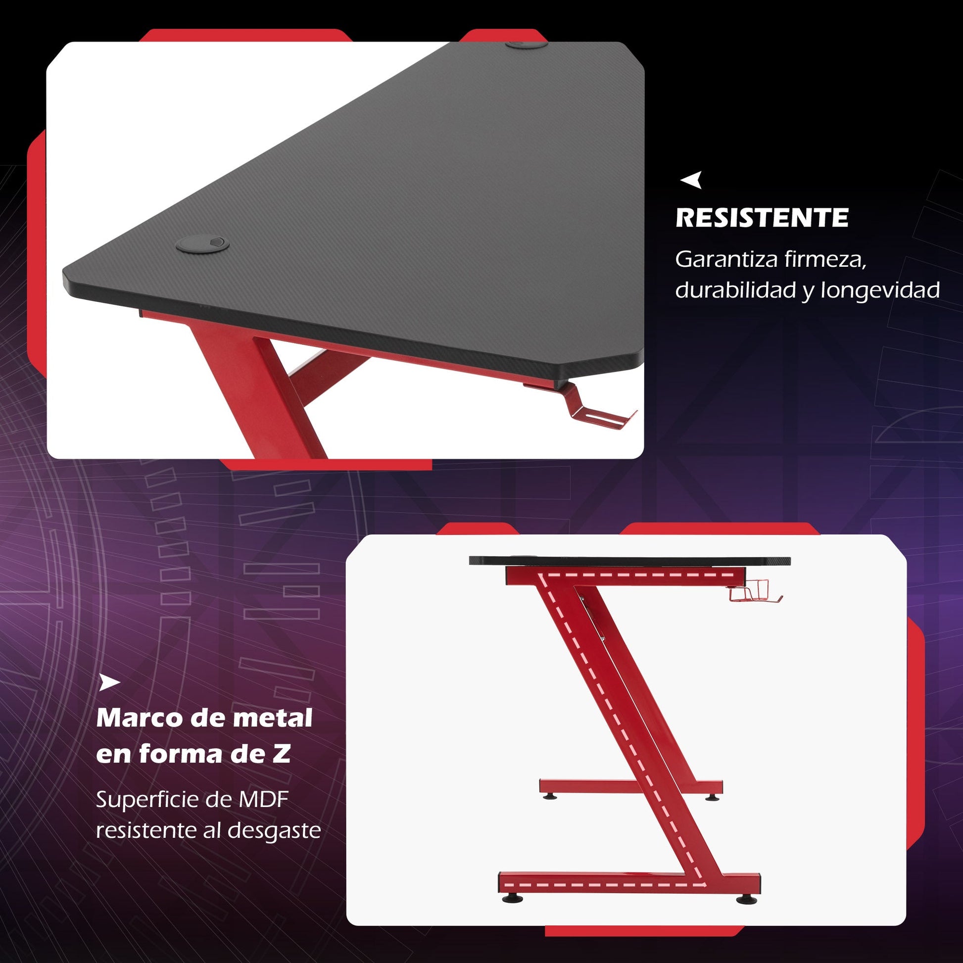 Secretária Gaming 120x65x74,5cm Secretária Gaming para Computador com Suporte para Copos Gancho para Fones de Ouvido e Pés Ajustáveis com Efeito de Fibra de Carbono Preto e Vermelho