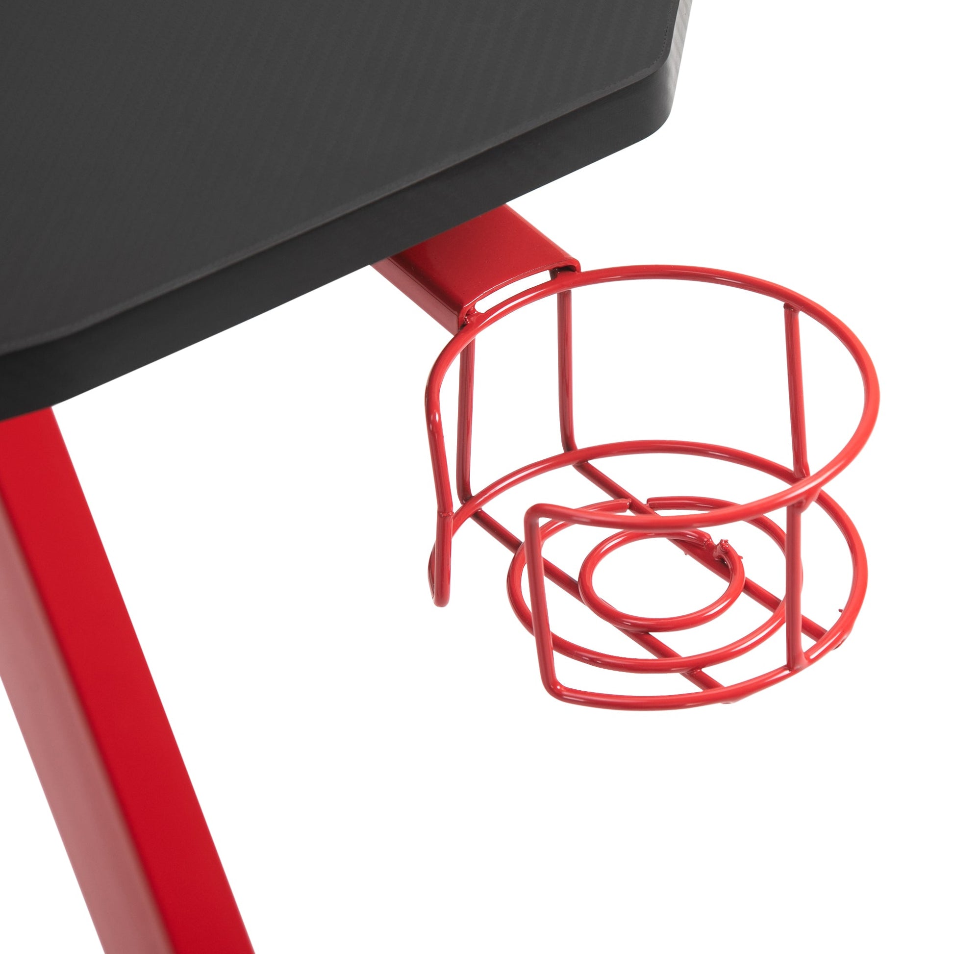 Secretária Gaming 120x65x74,5cm Secretária Gaming para Computador com Suporte para Copos Gancho para Fones de Ouvido e Pés Ajustáveis com Efeito de Fibra de Carbono Preto e Vermelho