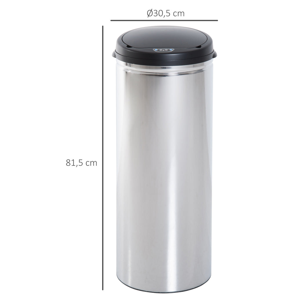 Balde de Lixo Inteligente de Aço Inoxidável 50L com Sensor Infravermelho de Abertura Automática para Cozinha Dormitório Casa de Banho Ø30,5x81,5cm Prata e Preto