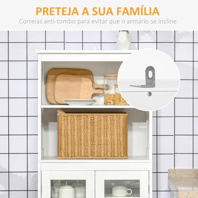 Armário de Cozinha com 2 Portas de Vidro Temperado 2 Prateleiras Abertas e Armário com Prateleira Ajustável para Sala de Estar 60x30x162 cm Branco