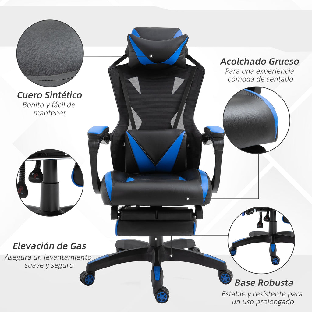 Cadeira Gaming Ergonómica Cadeira Gaming para Escritório com Altura Ajustável Encosto Regulável Almofada Lombar Apoio para os Pés Retráteis 65x70x117-125cm Azul