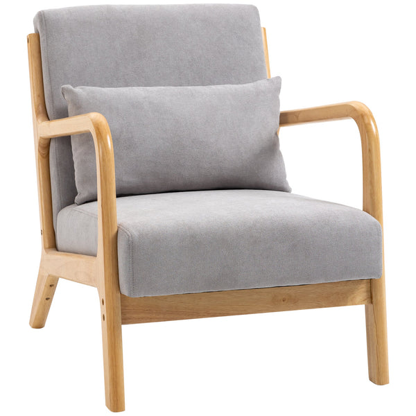 Poltrona Sala de Estar Nórdica Poltrona Individual Acolchoada com Apoio para os Braços e Estrutura de Madeira de Borracha para Dormitório Carga 120 kg 61x78x76 cm Cinza