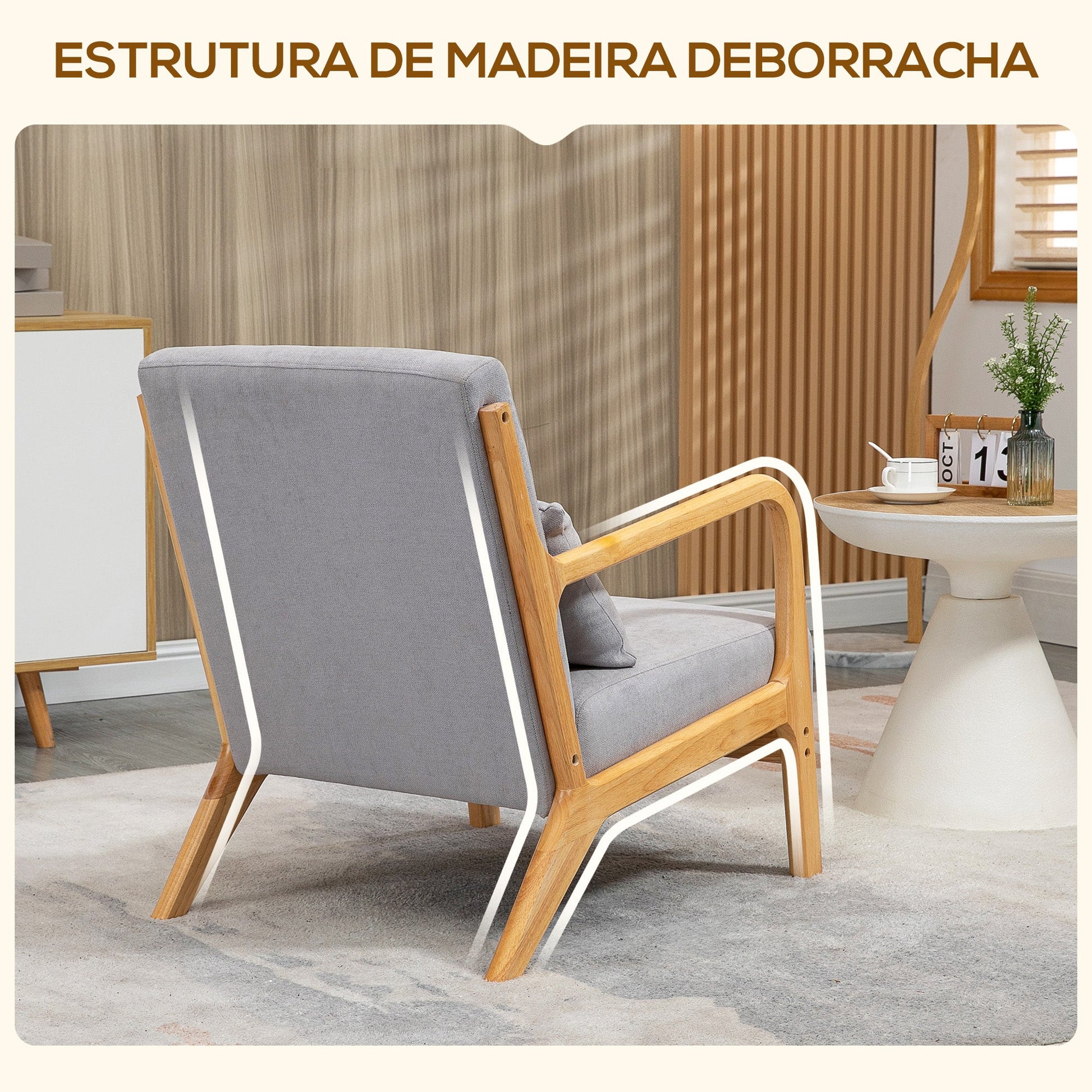 Poltrona Sala de Estar Nórdica Poltrona Individual Acolchoada com Apoio para os Braços e Estrutura de Madeira de Borracha para Dormitório Carga 120 kg 61x78x76 cm Cinza