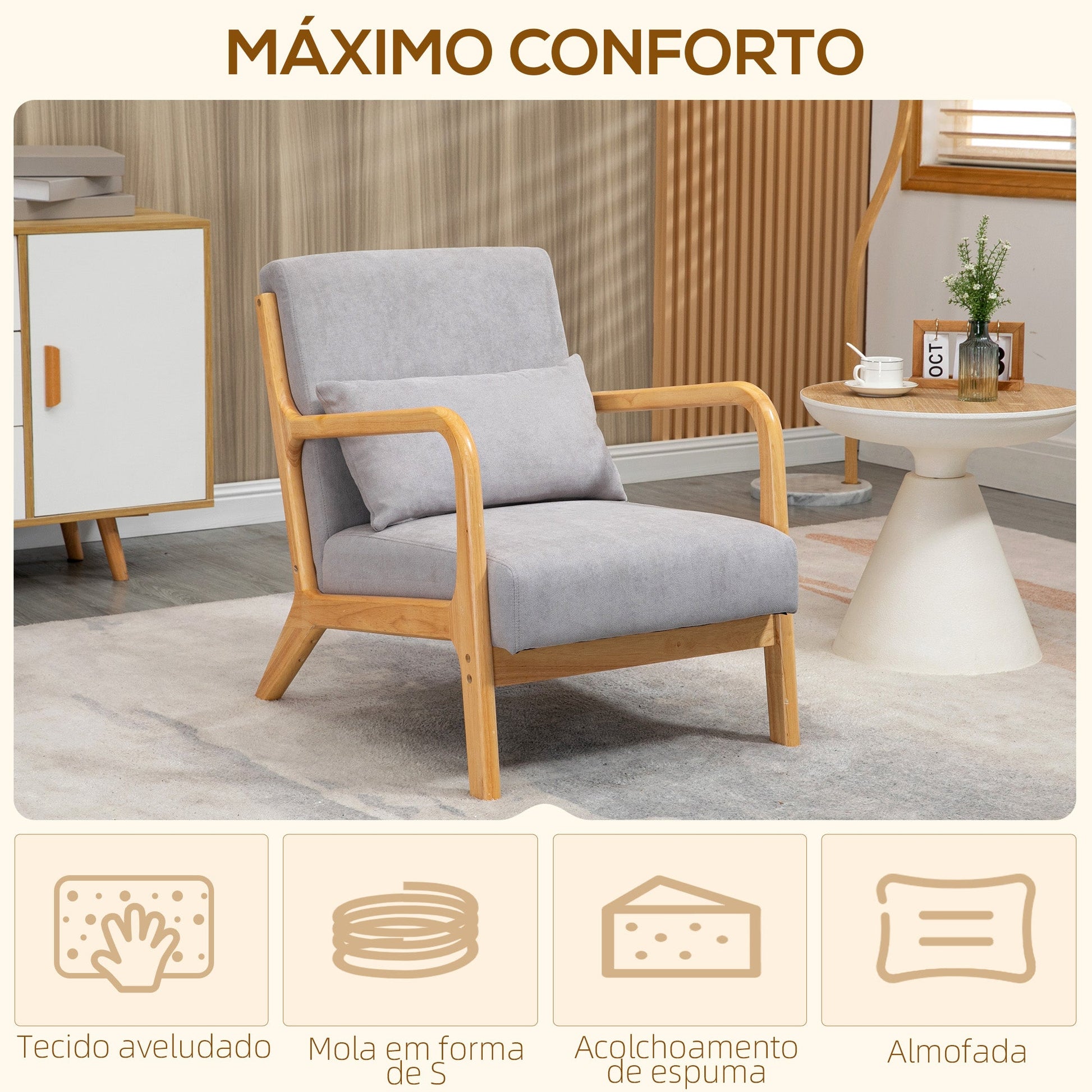 Poltrona Sala de Estar Nórdica Poltrona Individual Acolchoada com Apoio para os Braços e Estrutura de Madeira de Borracha para Dormitório Carga 120 kg 61x78x76 cm Cinza