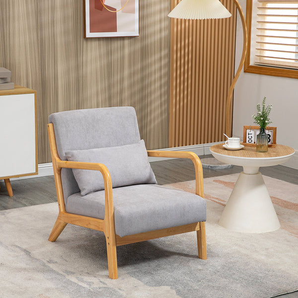 Poltrona Sala de Estar Nórdica Poltrona Individual Acolchoada com Apoio para os Braços e Estrutura de Madeira de Borracha para Dormitório Carga 120 kg 61x78x76 cm Cinza