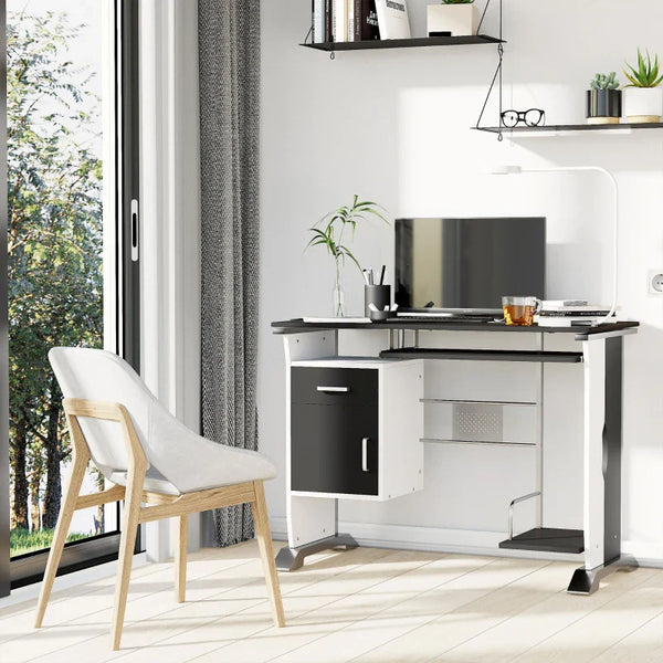 Mesa para Computador com Gaveta Armário e Suporte para CPU Secretária para Escritório Estúdio Dormitório 100x52x75cm Preto e Branco