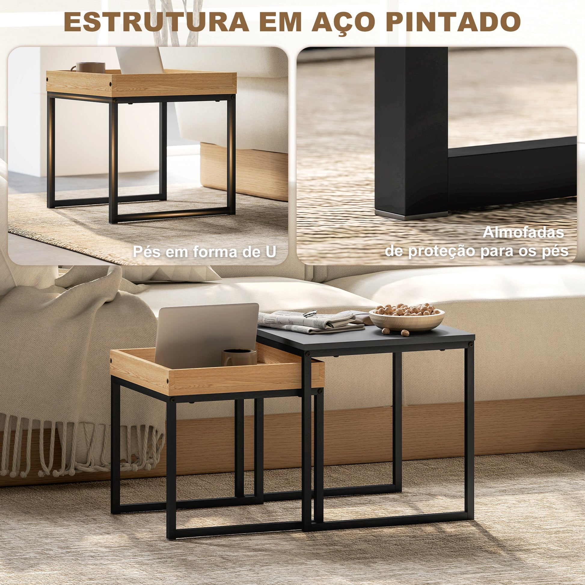 Mesas Auxiliares para Sala de Estar Conjunto de 2 Mesas com Estrutura de Aço Mesas de Centro Pequenas para Dormitório Preto e Carvalho