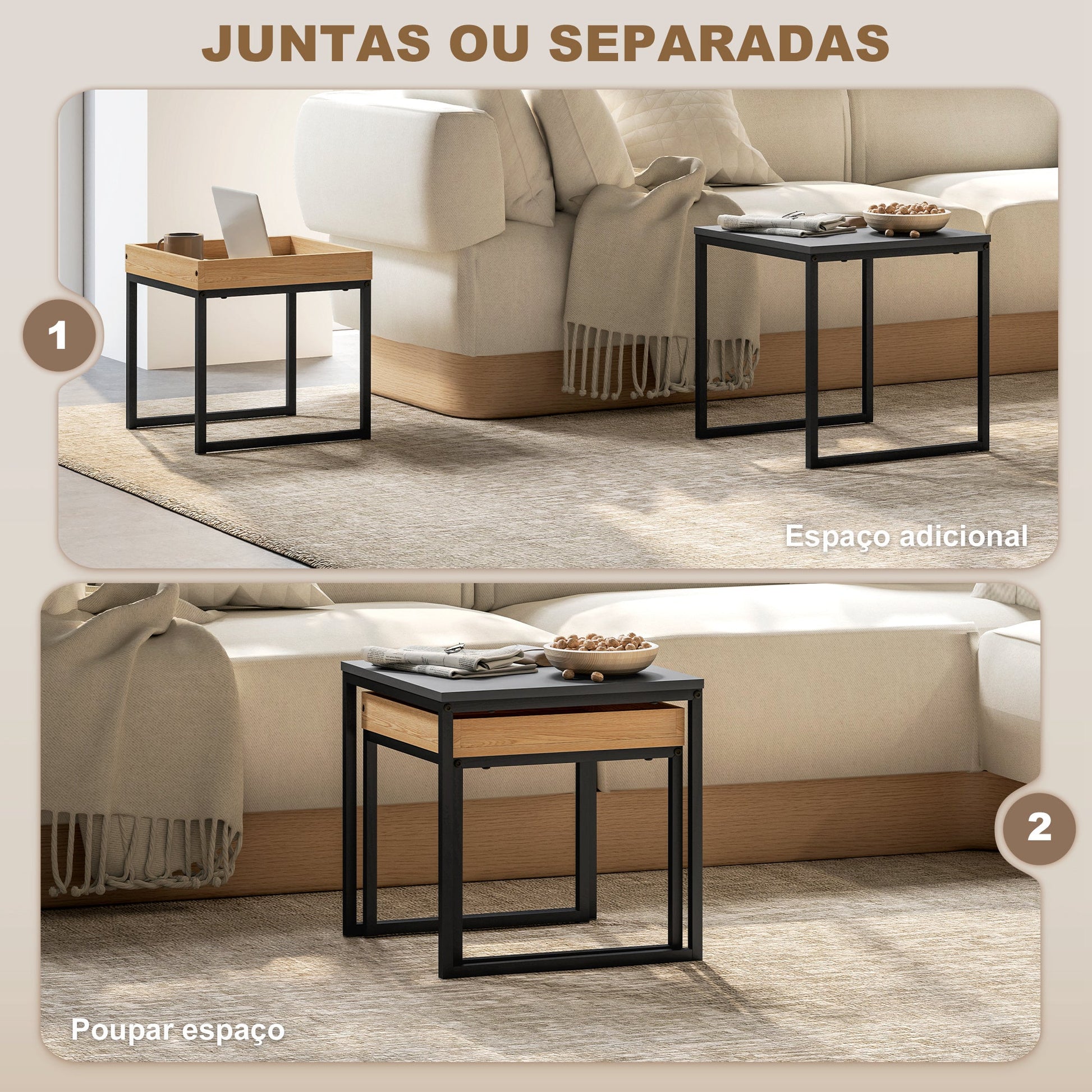 Mesas Auxiliares para Sala de Estar Conjunto de 2 Mesas com Estrutura de Aço Mesas de Centro Pequenas para Dormitório Preto e Carvalho