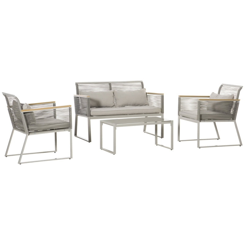 Conjunto de Móveis de Jardim Vime 4 Peças Sofá Duplo 2 Poltronas Individuais e Mesa de Centro com Vidro com Almofadas para Exterior Terraço Cinza