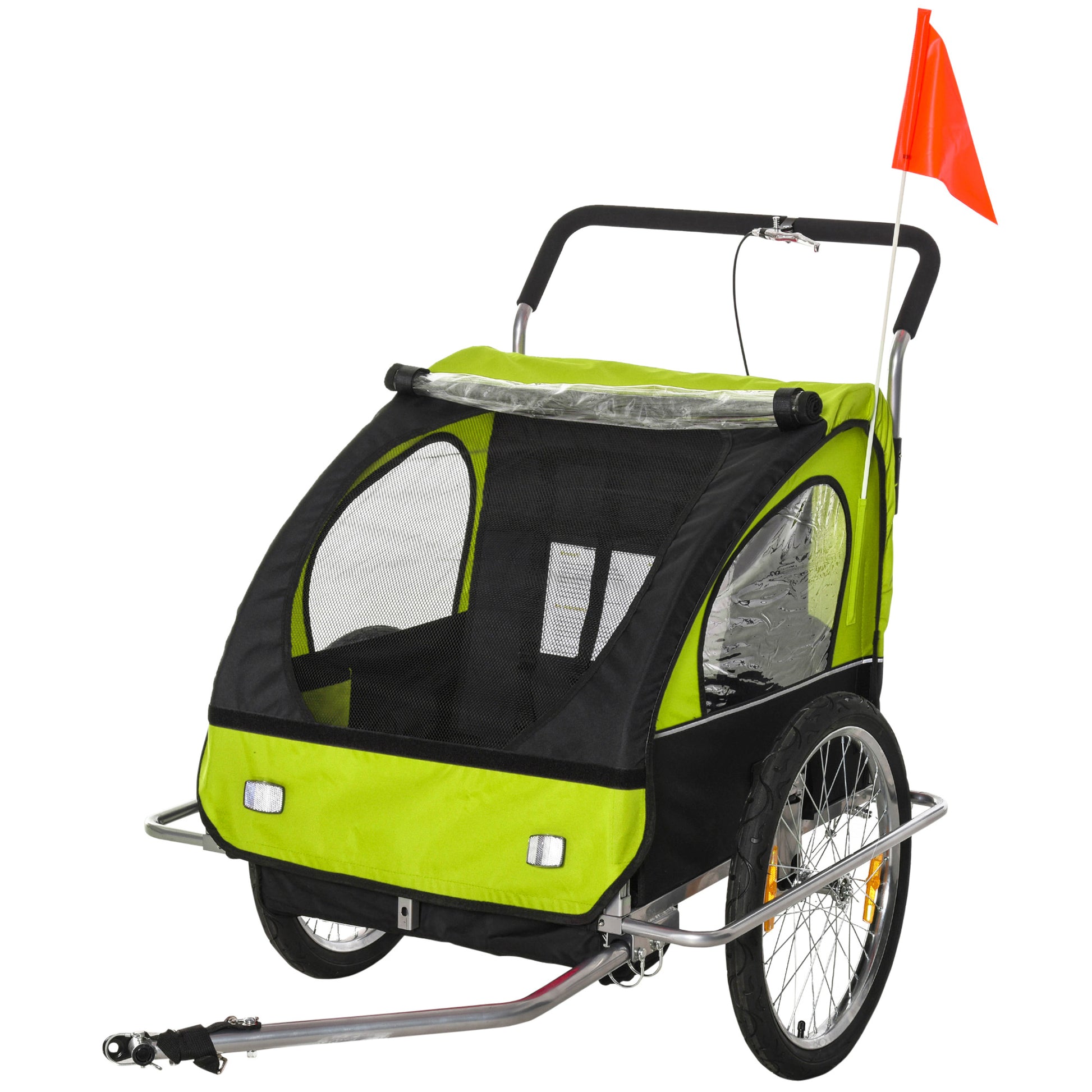 Reboque de Bicicleta 2 EM 1 para crianças de 2 lugares com Amortecedores Convertível em carrinho com barra e kit de corrida 129x85x105cm Verde
