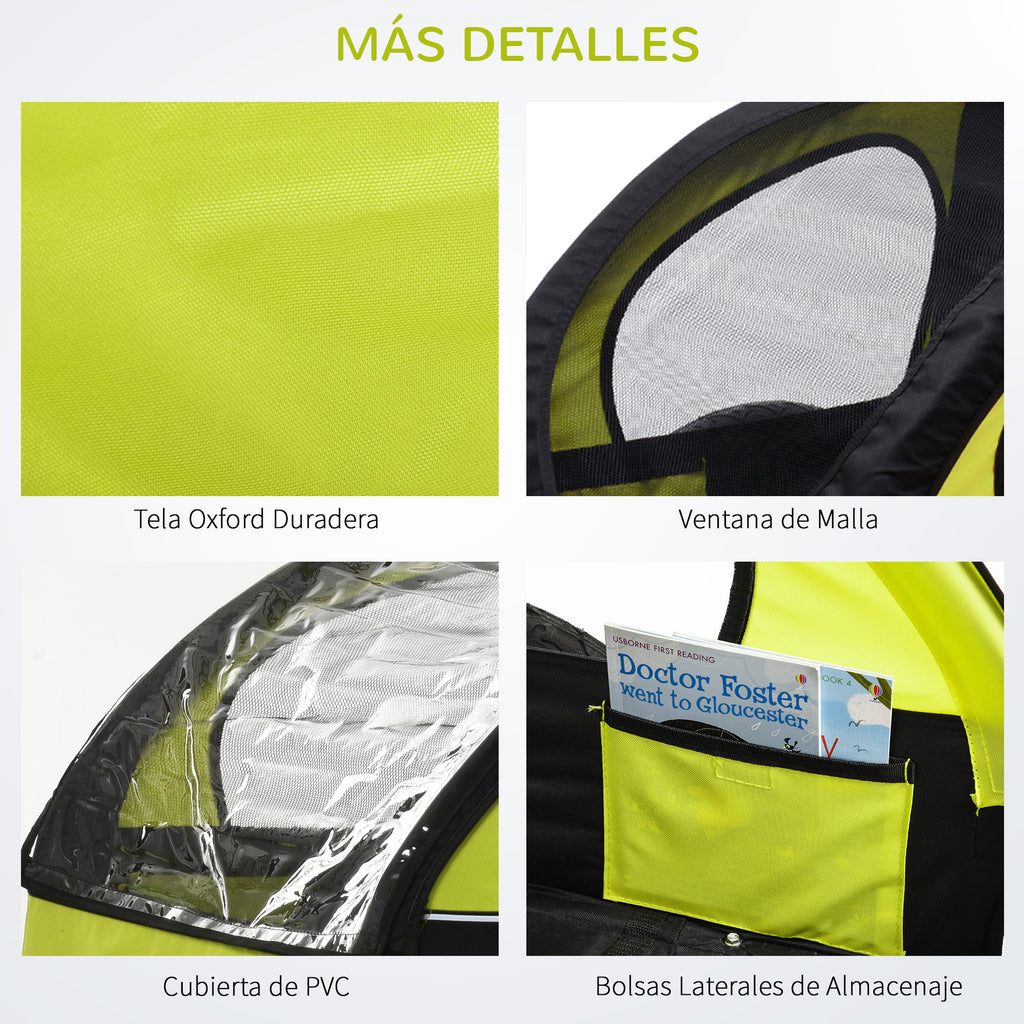 Reboque de Bicicleta 2 EM 1 para crianças de 2 lugares com Amortecedores Convertível em carrinho com barra e kit de corrida 129x85x105cm Verde
