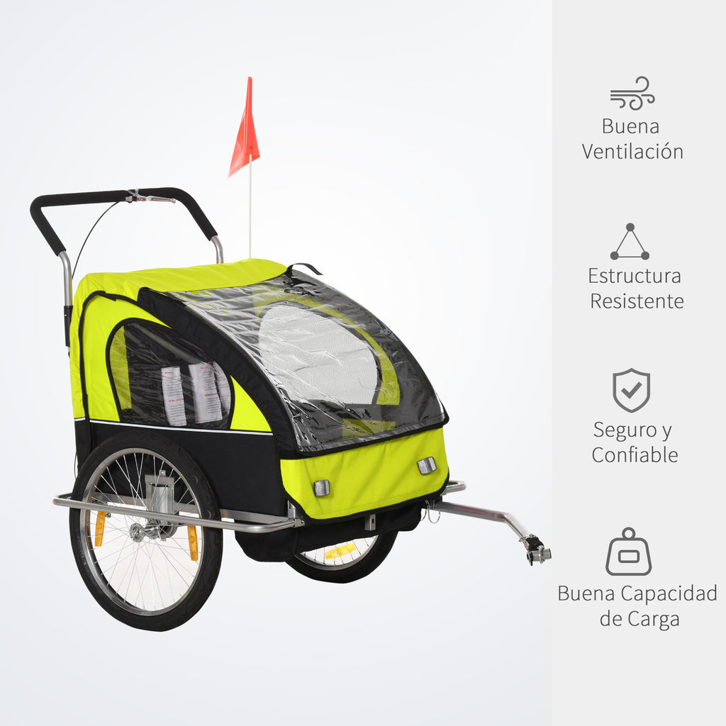 Reboque de Bicicleta 2 EM 1 para crianças de 2 lugares com Amortecedores Convertível em carrinho com barra e kit de corrida 129x85x105cm Verde