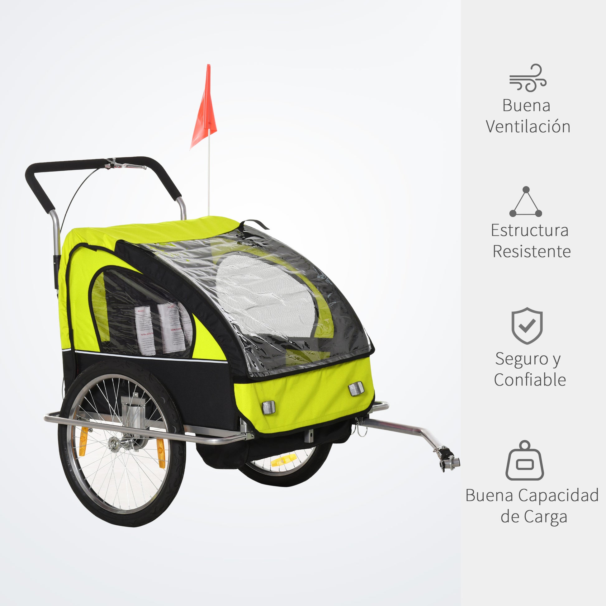 Reboque de Bicicleta 2 EM 1 para crianças de 2 lugares com Amortecedores Convertível em carrinho com barra e kit de corrida 129x85x105cm Verde