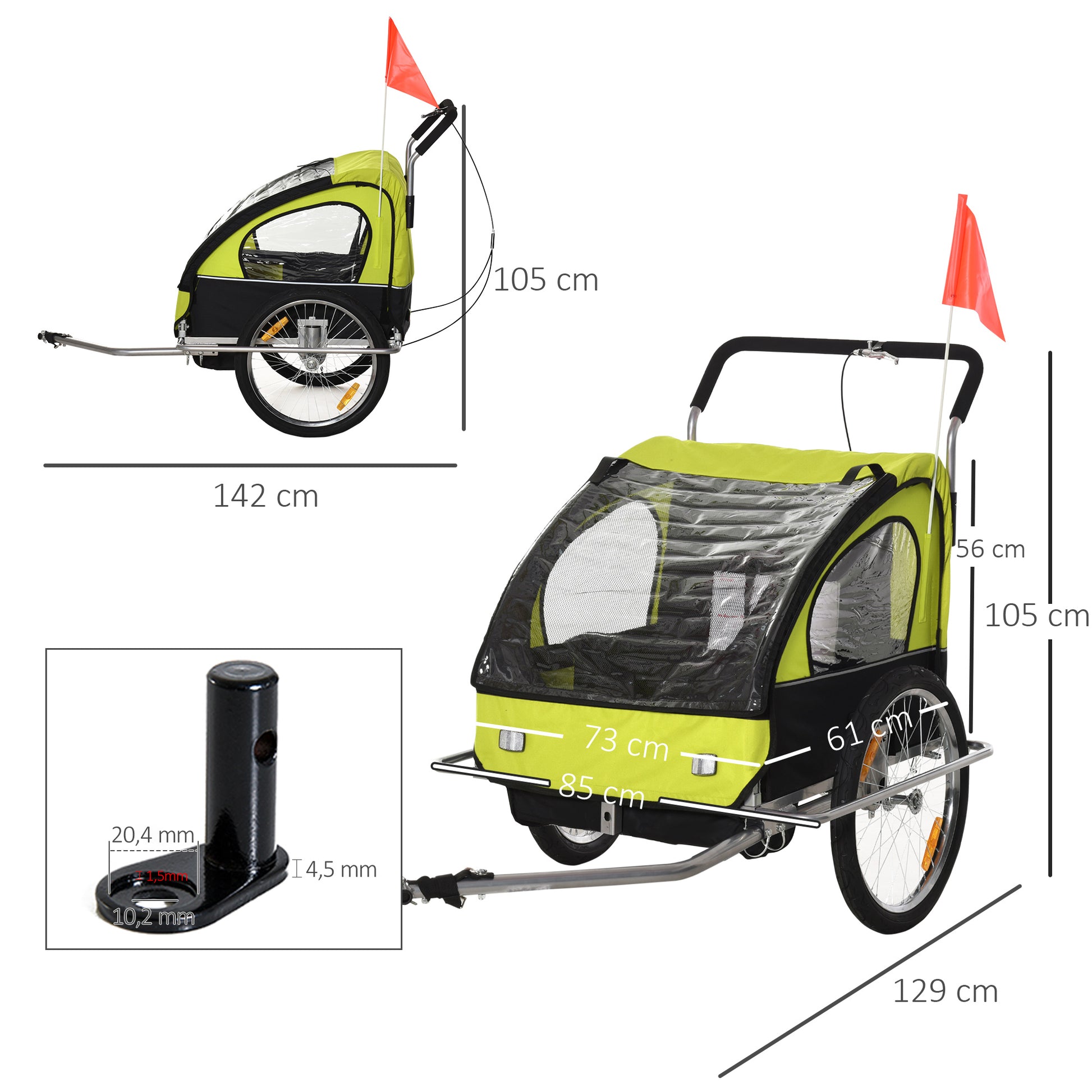Reboque de Bicicleta 2 EM 1 para crianças de 2 lugares com Amortecedores Convertível em carrinho com barra e kit de corrida 129x85x105cm Verde