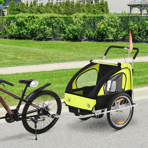 Reboque de Bicicleta 2 EM 1 para crianças de 2 lugares com Amortecedores Convertível em carrinho com barra e kit de corrida 129x85x105cm Verde