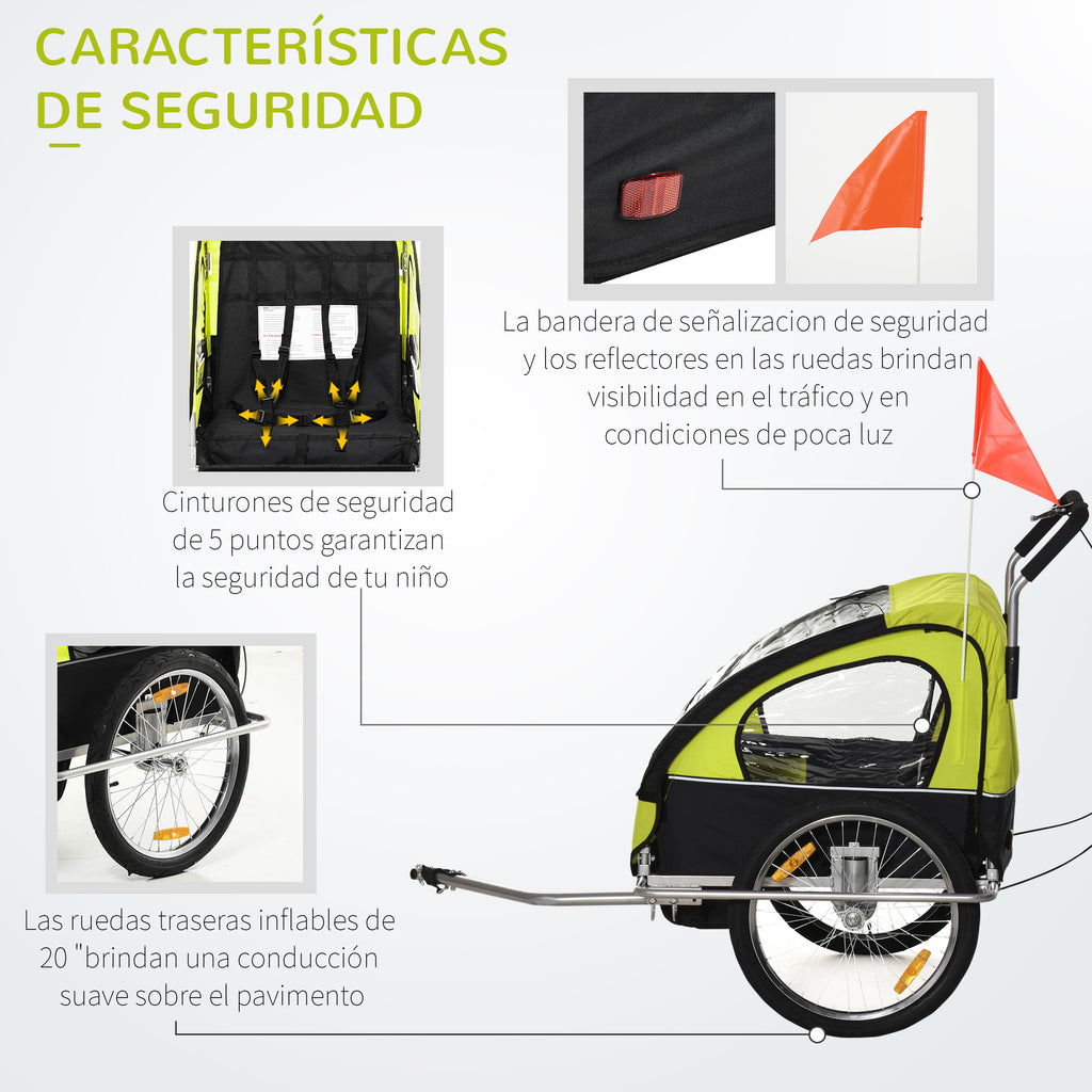 Reboque de Bicicleta 2 EM 1 para crianças de 2 lugares com Amortecedores Convertível em carrinho com barra e kit de corrida 129x85x105cm Verde