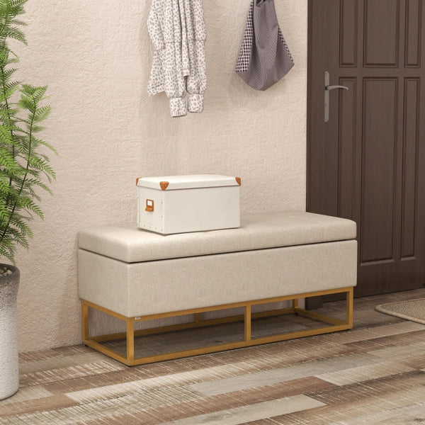 Banco de Armazenamento Otomano Retangular Estofado em Linho com Pés de Aço para Sala de Estar Dormitório 110x44x48 cm Bege
