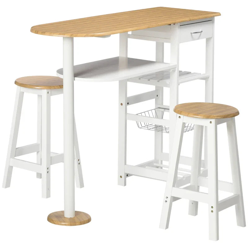 Conjunto de Mesa de Bar com 1 Gaveta 2 Prateleiras Cesta Removível e Suporte para Garrafas Mobiliário Alto com Mesa 119x38,5x88,5cm e 2 Bancos 29x29x55cm para Sala de Jantar Cozinha Branco