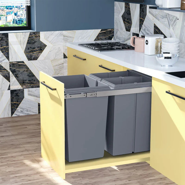 Cubos de Lixo para Cozinha com 3 recipientes de Reciclagem Removíveis 1x20L e 2x10L Metal e Plástico 48x34,2x41,8cm Cinza